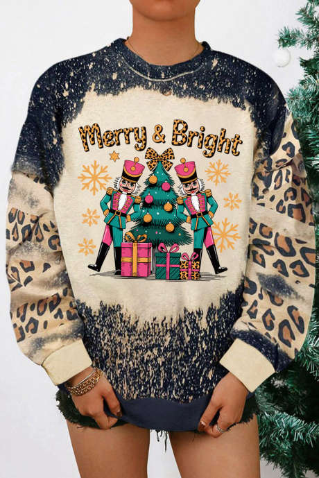 Zwarte Merry&Bright Kerstmis Notenkraker Print Luipaard Tie Dye Bleached Baggy Sweatshirt