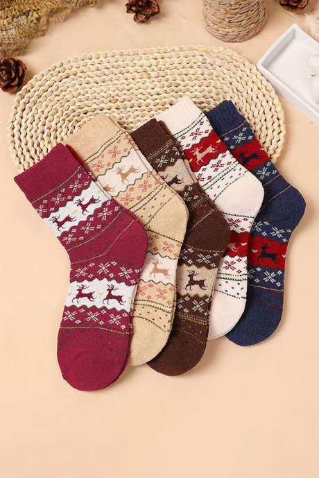 Lot de 5 paires de chaussettes de Noël à imprimé géométrique motif renne, parchemin, dans une boîte BH043303-P6016