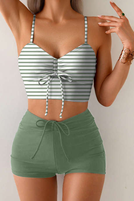 Vihreäraitainen kukka-/raidallinen kuviollinen nauhayksityiskohtainen korkeavyötäröinen 2-osainen bikini-uimapuku