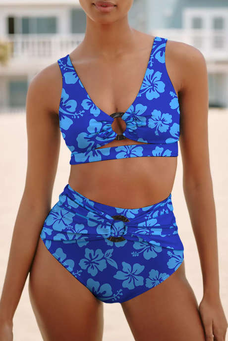 Sininen kukka-/pilkullinen/ruutukuvioinen O-rengaskoristeinen korkeavyötäröinen bikini-uimapuku