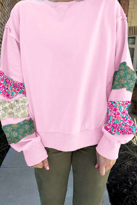 Roze plus-size mix bloemenprint geribbelde mouw baggy sweatshirt