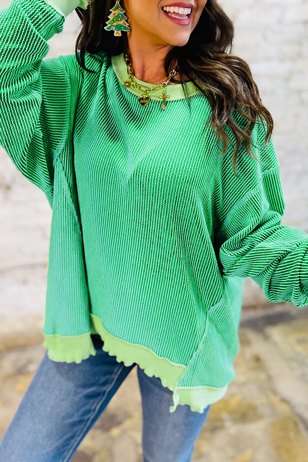 $8.03 Bright Green Twisted Rib Uneven Hem Drop Shoulder Loose Knit