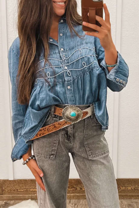 Camisa vaquera peplum de manga larga con botones a presión y detalle de cordón de Myosotis