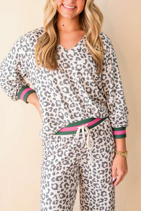 Ensemble haut à manches longues et col en V gris léopard, rayé, patchwork, pantalon à cordon de serrage