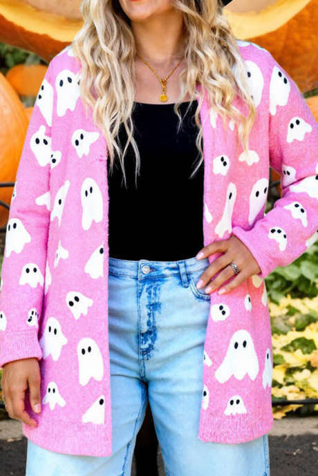 Pletený kardigan střední délky Bonbon s halloweenským vzorem duchů