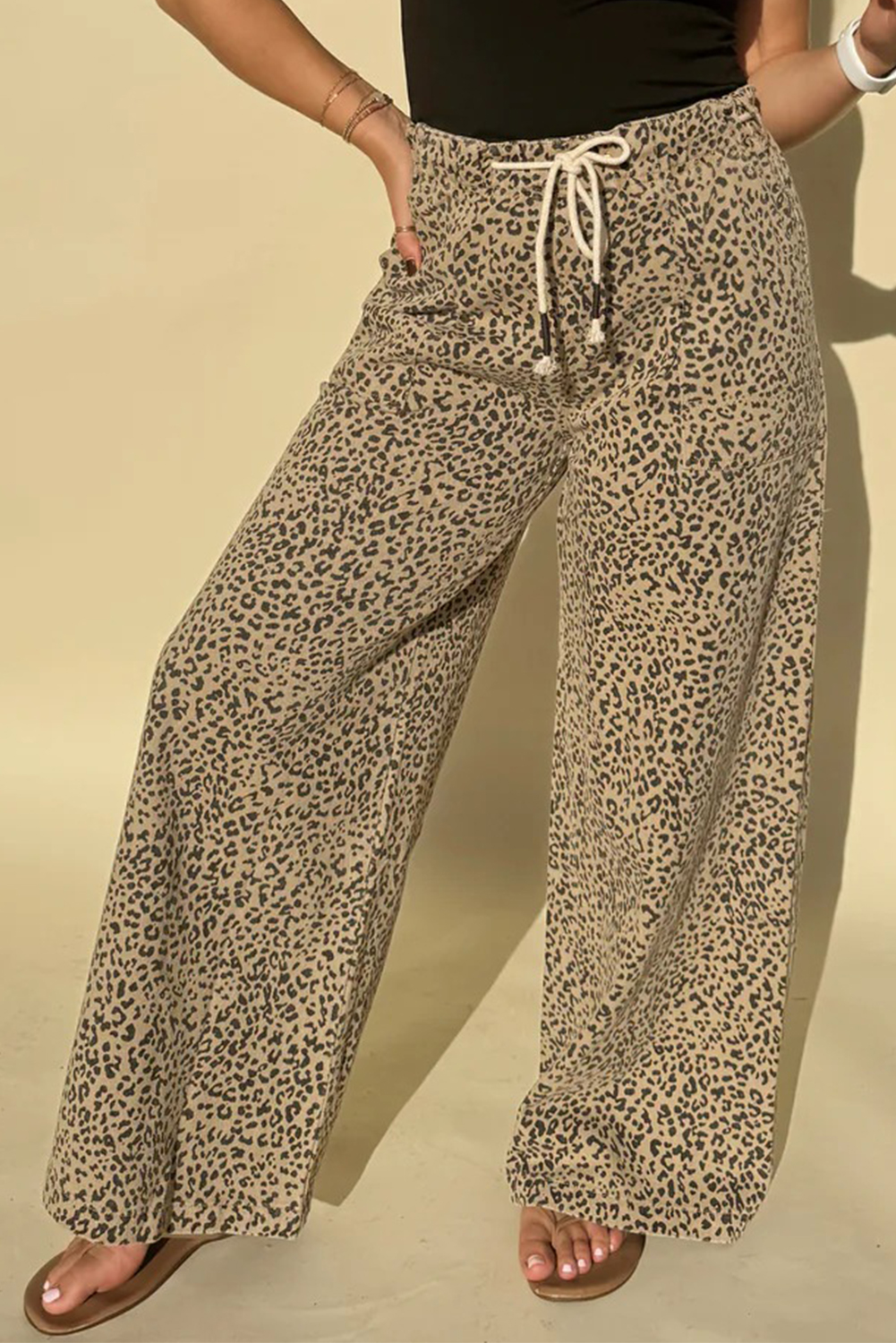 $13.66 Khaki Leopard Print Wide Leg Contrast Rope Drawstring Denim ...