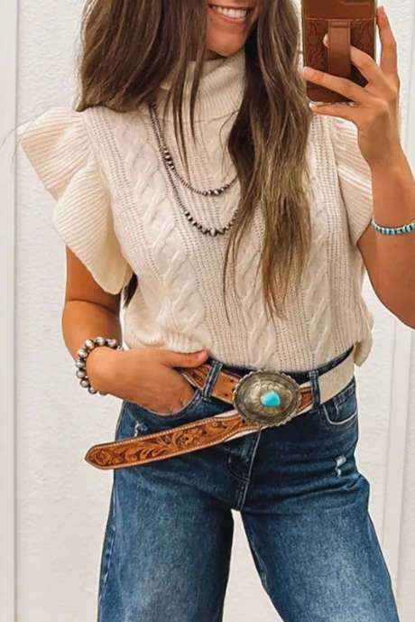 Jet Stream Cable Knit Turtleneck Ruffled Short Sleeve Sweater