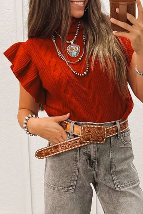 Tomato Red Cable Knit Turtleneck Ruffled Short Sleeve Sweater