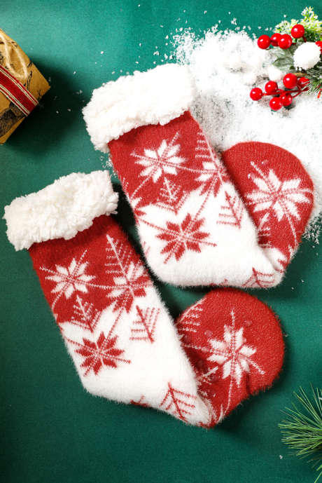 Feurig rote Weihnachtsschneeflocken-Kuschelsocken mit Sherpa-Futter
