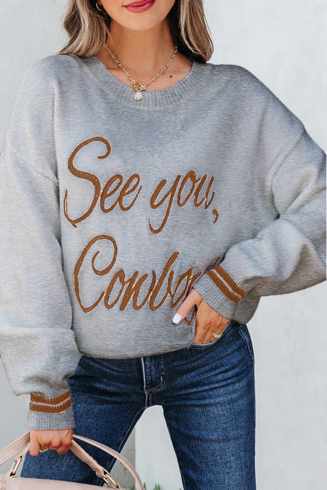 Pull graphique western brodé See You Cowboy gris clair