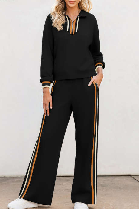 Ensemble pull-over et pantalon ample à rayures noires et patchwork