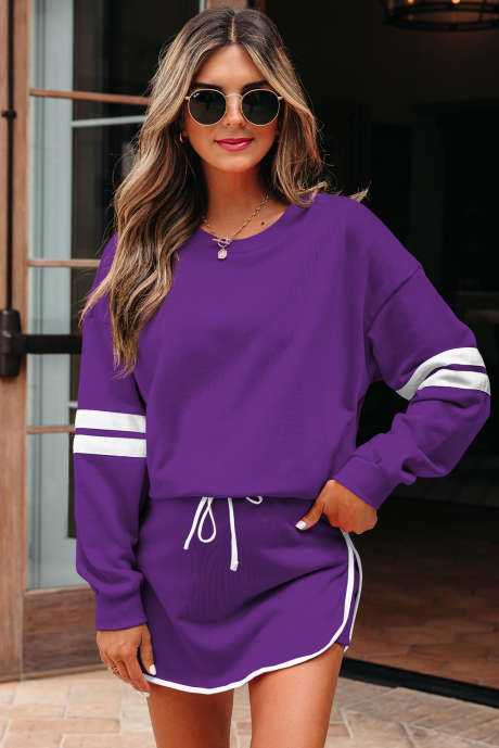 Tillandsia Lila Varsity Randig Detalj Drop Shoulder Pullover Mini Skort Set