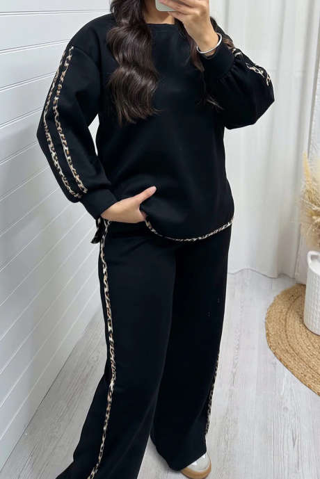 Black Contrast Leopard Trim Casual Sweatshirt Pant Set