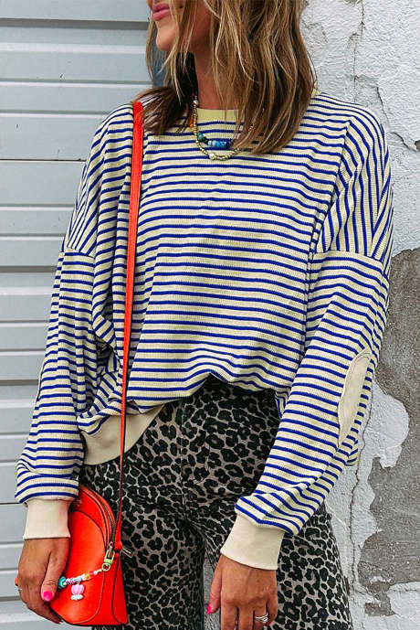 Sweat-shirt bleu à rayures texturées, col ras du cou, épaules tombantes, LC25318160-P519