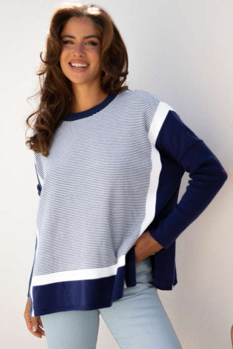 Blau gestreifter Farbblock-Patchwork-Dolman-Übergröße-Tunika-Pullover LC2726600-P519