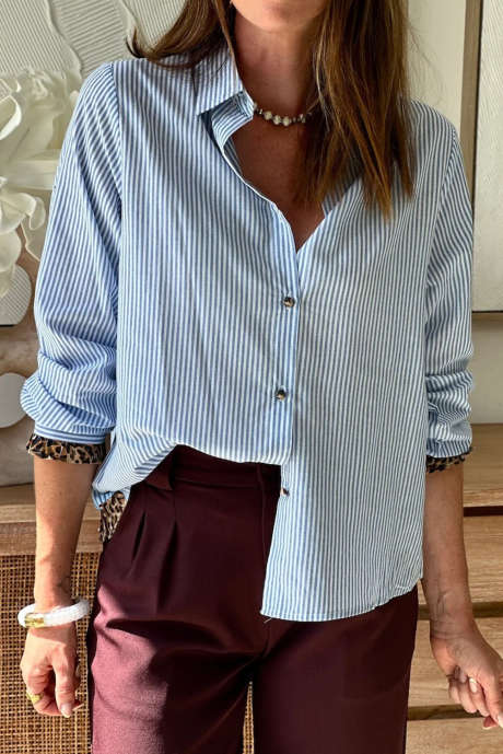 スカイブルーストライプコントラストフリルレオパードトリムカジュアルロングスリーブシャツ