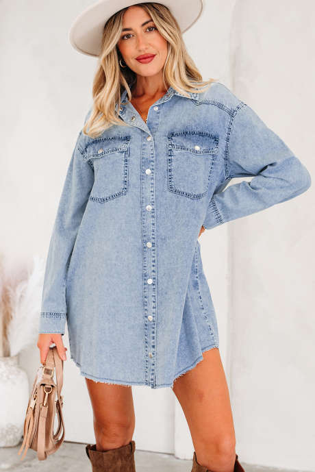 Beau Blue Borstzak Ruwe Zoom Denim Losse Overhemdjurk