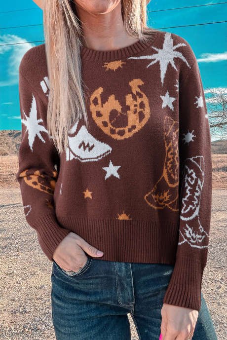 Καφέ πουλόβερ με στάμπα Cowgirl Fashion