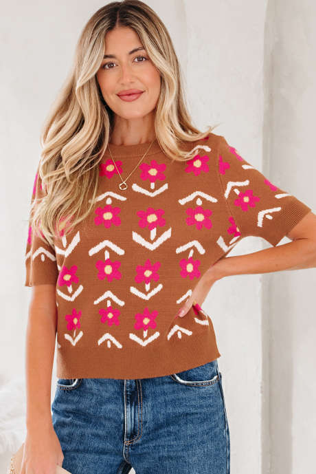 Rjav cvetlični pulover s kratkimi napihnjenimi rokavi
