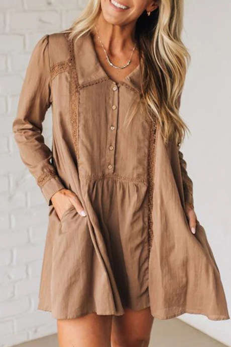 ストローイエローのレーストリム、ピーターパンカラーの長袖ミニシャツドレス