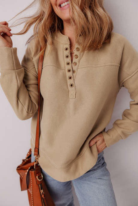 Sweat-shirt col V beige clair à œillets LC25320220-P4016