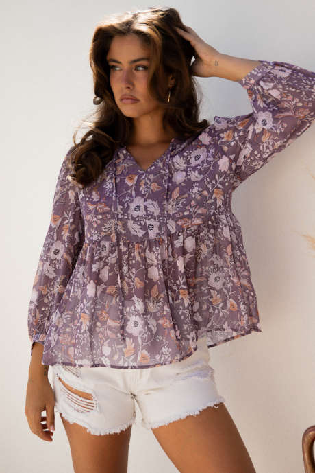 Blusa babydoll con stampa floreale boho blu e maniche a 3/4