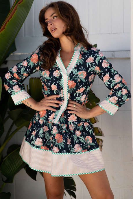 ブルーフローラルプリントストライプトリムVネックロングスリーブフリルヘムシフトミニドレス