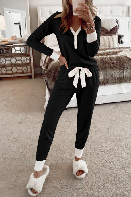 Zwarte contrasterende V-hals met knoop, lint en strik in de taille, 2-delige loungebroekset