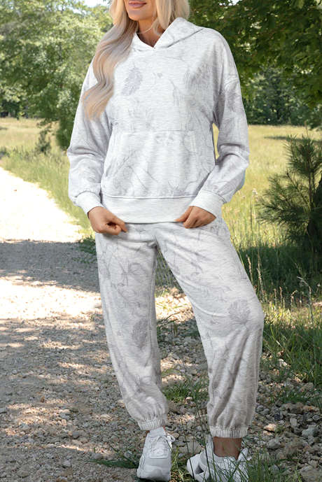 Ensemble 2 pièces sweat à capuche et pantalon à imprimé abstrait gris clair, manches tombantes, taille élastique