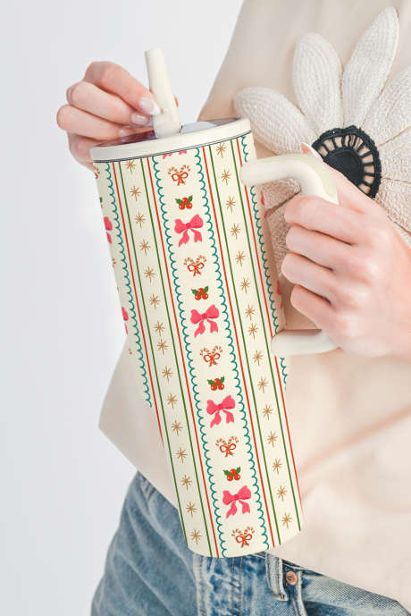 ホワイトホリージョリーボウストライププリントフリップストロータンブラー