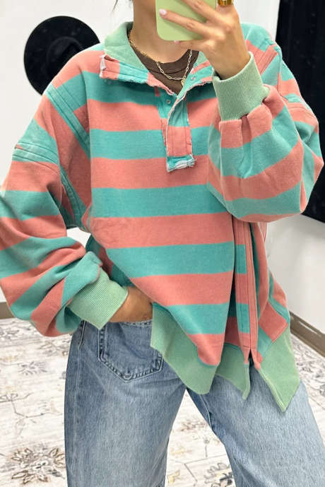 ピンクストライプのカラーブロックドロップショルダーボタンカラーサイドスリットプルオーバートップス