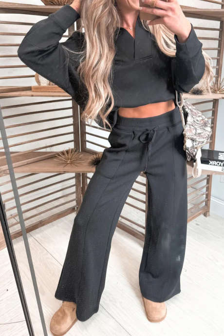 Bristol svart krage v-ringad pullover sweatshirt mjukisbyxor set