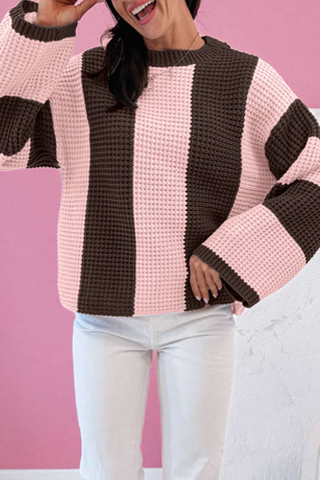 フューシャストライプカラーブロックサーマルテクスチャードニットドロップショルダーセーター