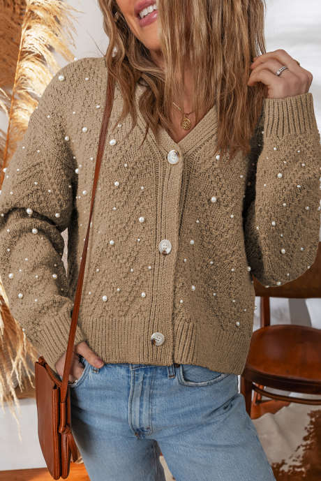Cardigan à col en V boutonné sur le devant et orné de perles Elmwood