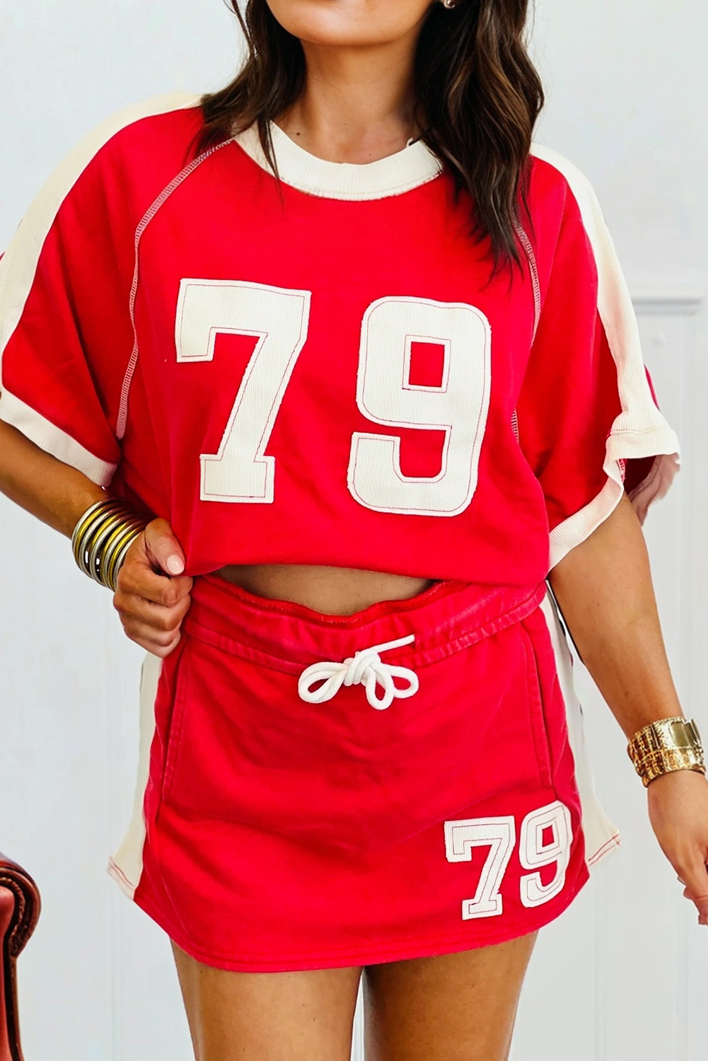 $12.52 Fiery Red Number 79 Color Block Patchwork Sporty 2pcs Skirt Set ...
