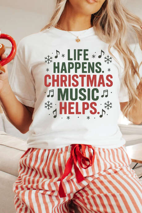 ホワイト LIFE HAPPENS CHRISTMAS MUSIC HELPS グラフィックTシャツ