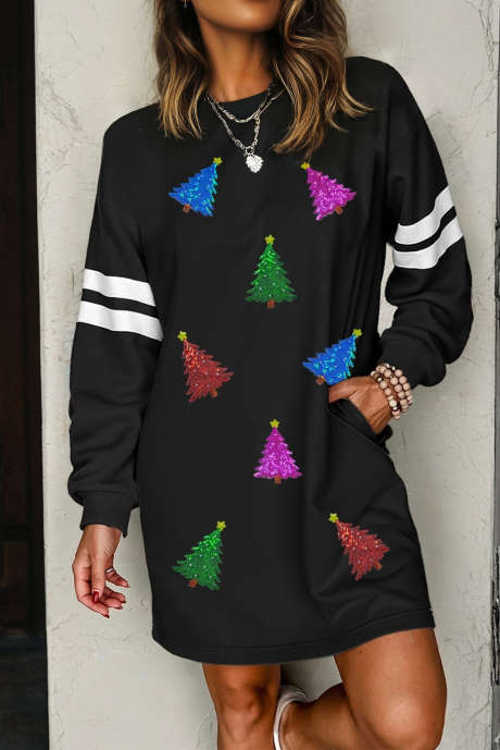 Robe sweat-shirt noire à paillettes colorées et patchs sapin de Noël