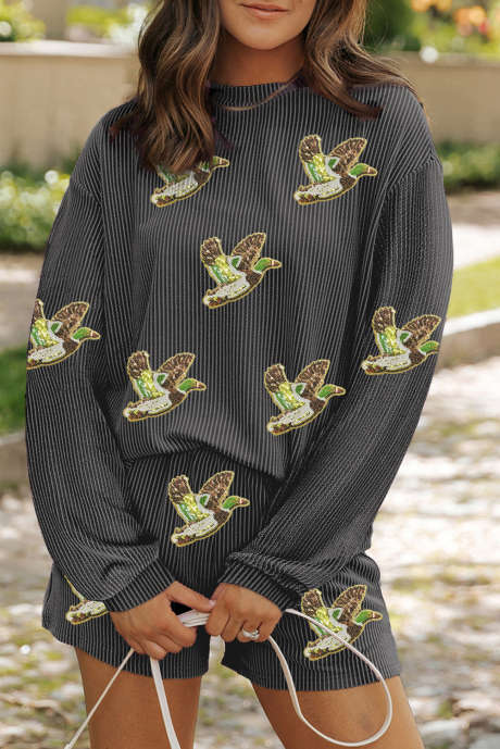 Conjunto de blusa e shorts canelados cinza carbono com estampa gráfica e lantejoulas Flying Mallard