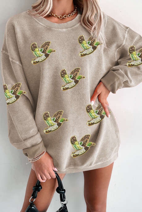 Parchment Sequined Bird Pattern Corded Thanksgiving Sweatshirt