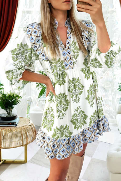 Groene bloemenprint, contrasterende patchwork, mini-jurk met ruches