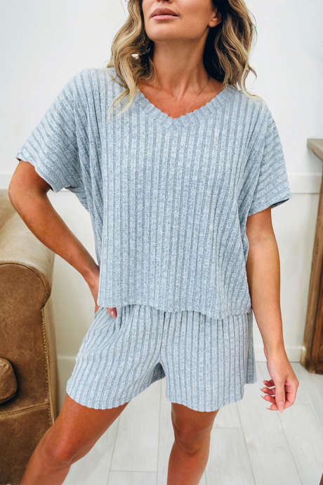 ボーブルー リブテクスチャー VネックTシャツ ラウンジショートセット