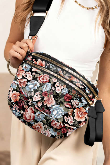 Color black Floral Printed Double Zip PU Leather Crossbody Bag BH031458-P202