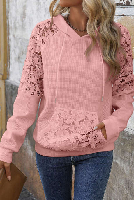 Sweat à capuche gaufré en dentelle rose Gossamer à manches raglan et poche kangourou