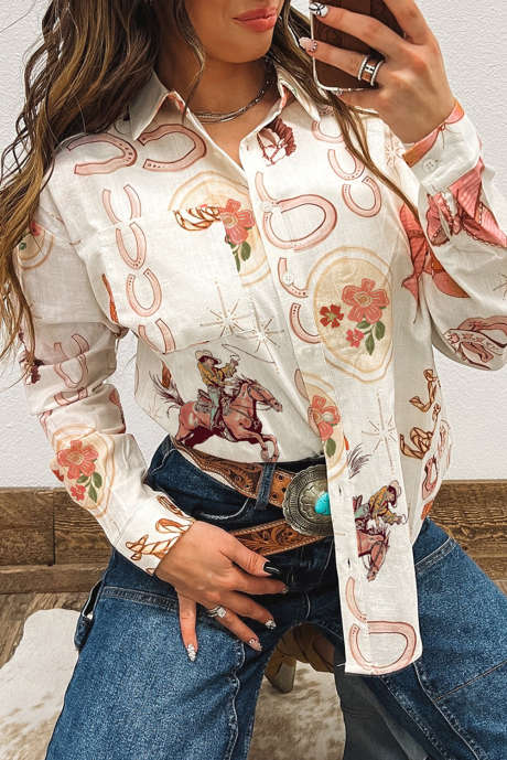 Camisa vaquera blanca con botones y estampado de rodeo