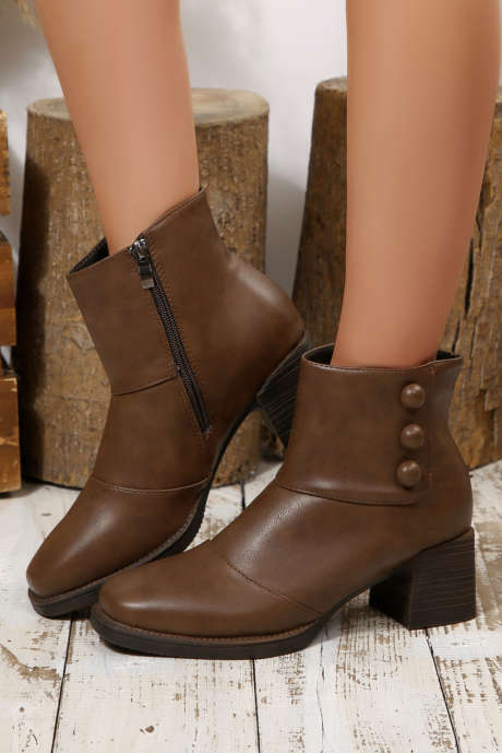 Kozačky na podpatku z umělé kůže s knoflíky a zipem na boku Coffee Ball