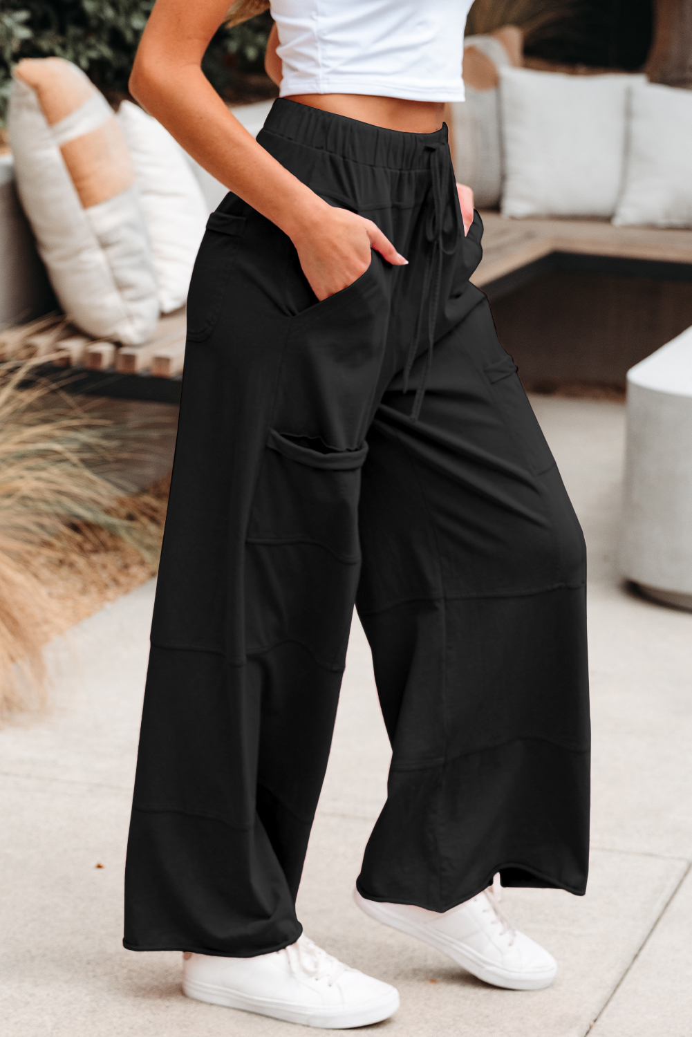 Mineral Wash French Terry Drawstring Wide Leg Pants