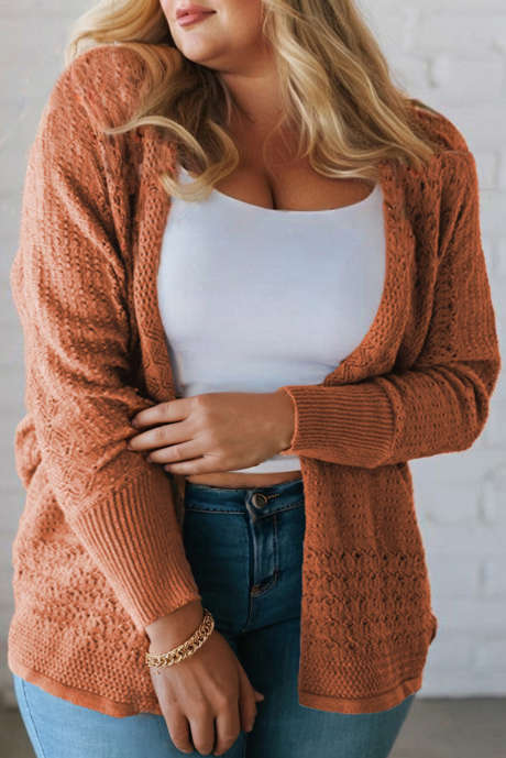 Cardigan plus size de malha com padrão misto de burl de sequoia e frente aberta