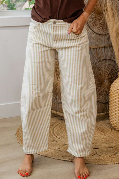 カーキストライプカジュアルバレルジーンズ