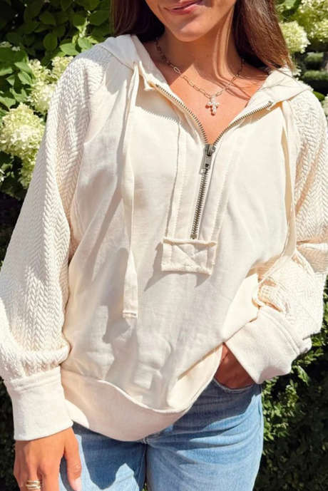 هودي بأكمام منقوش وسحاب نصفي بلون بيج سادة