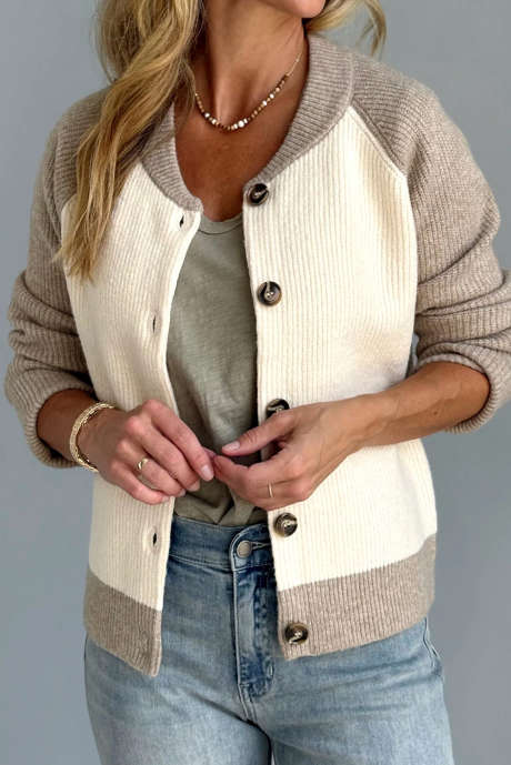 Cardigan boutonné en tricot côtelé à blocs de couleurs blanc
